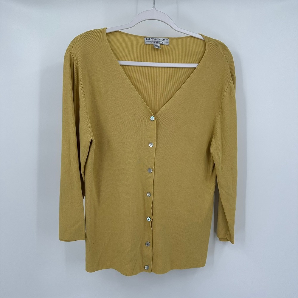 Womens Old Money Preppy Cardigan Sweater Size L Mustard Lightweight Minimalist